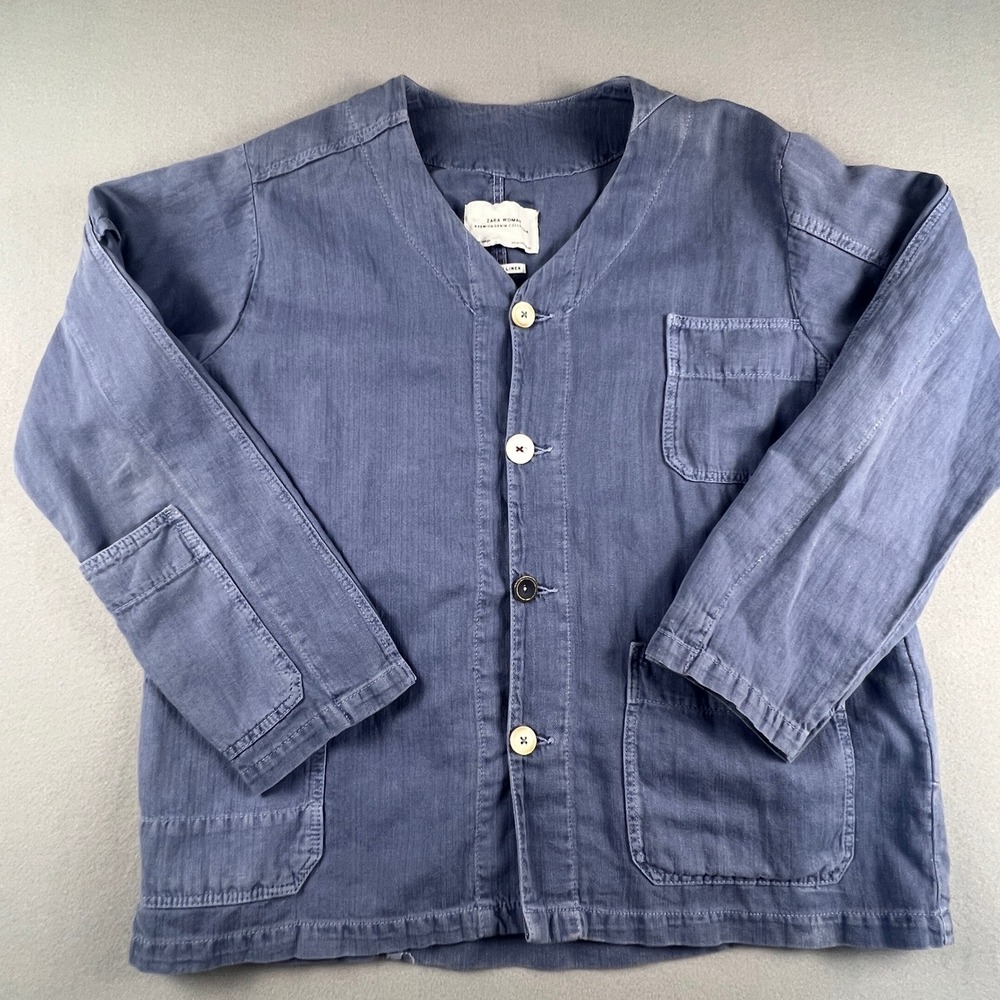 Zara Chore Jacket Womens Medium Blue Cotton Linen Utility Workwear Shacket M